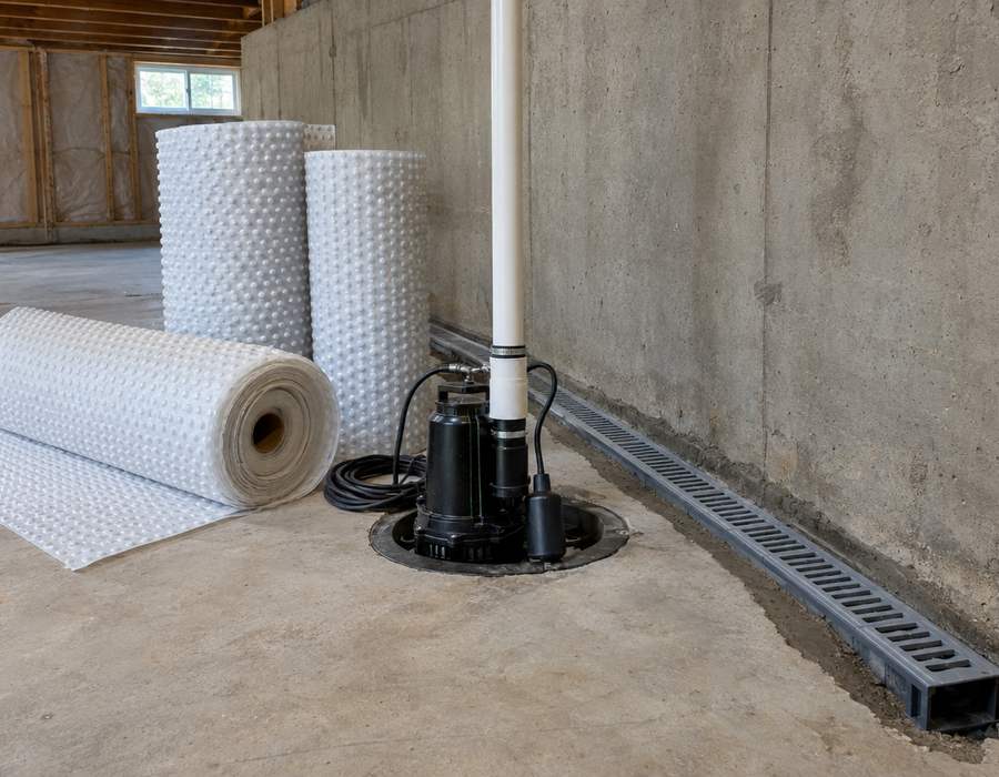 Basement waterproofing materials staged in an unfinished Asheville, NC basement